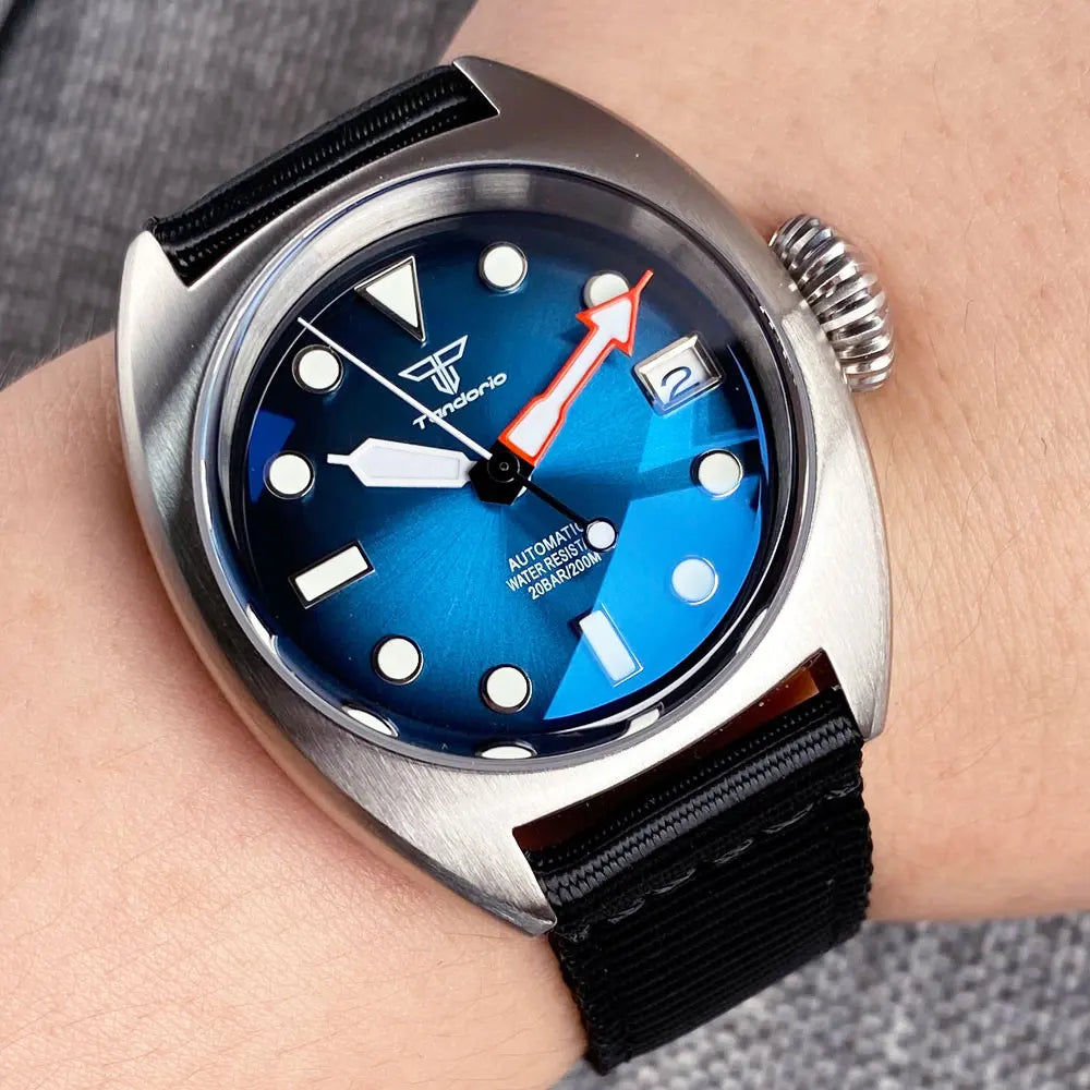 36mm Military Diver Mechanical Watch Men NH35 AR Domed Sapphire Sunburst Green/Red/Blue Big Crown Sport Nylon