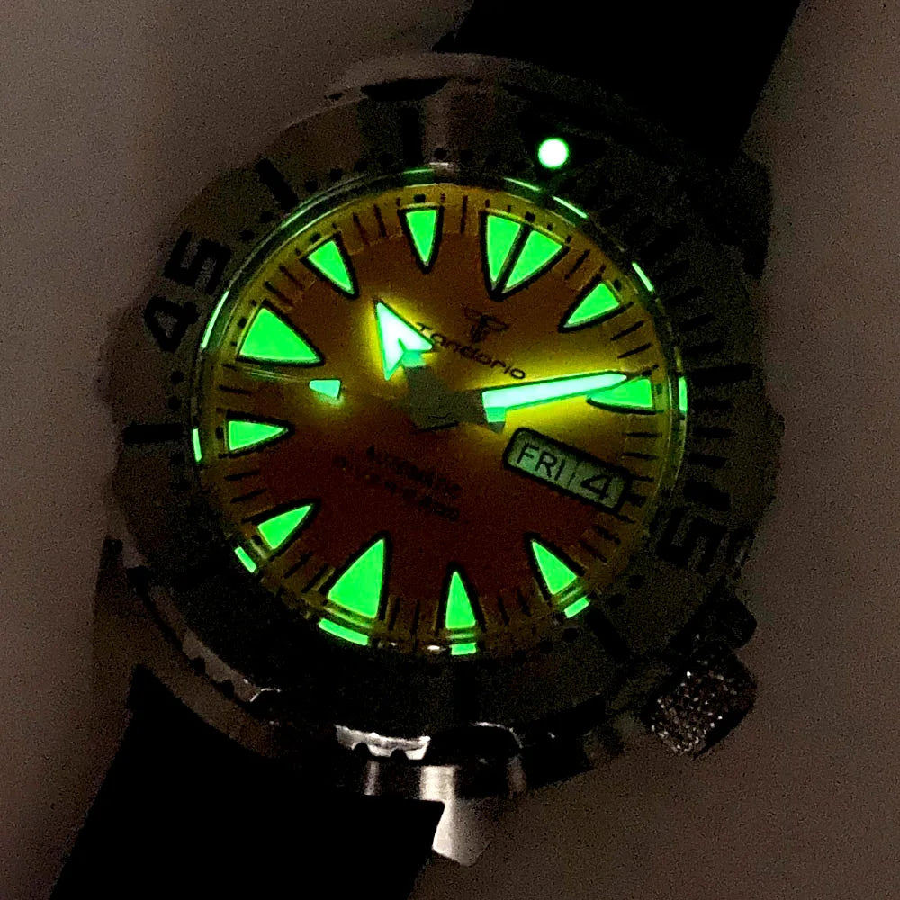 Luminous 42mm 200M Diving AR Sapphire Crystal Monster Orange Dial NH36A Mens Automatic Watch 3.8 o'clock Day Lume Rubber