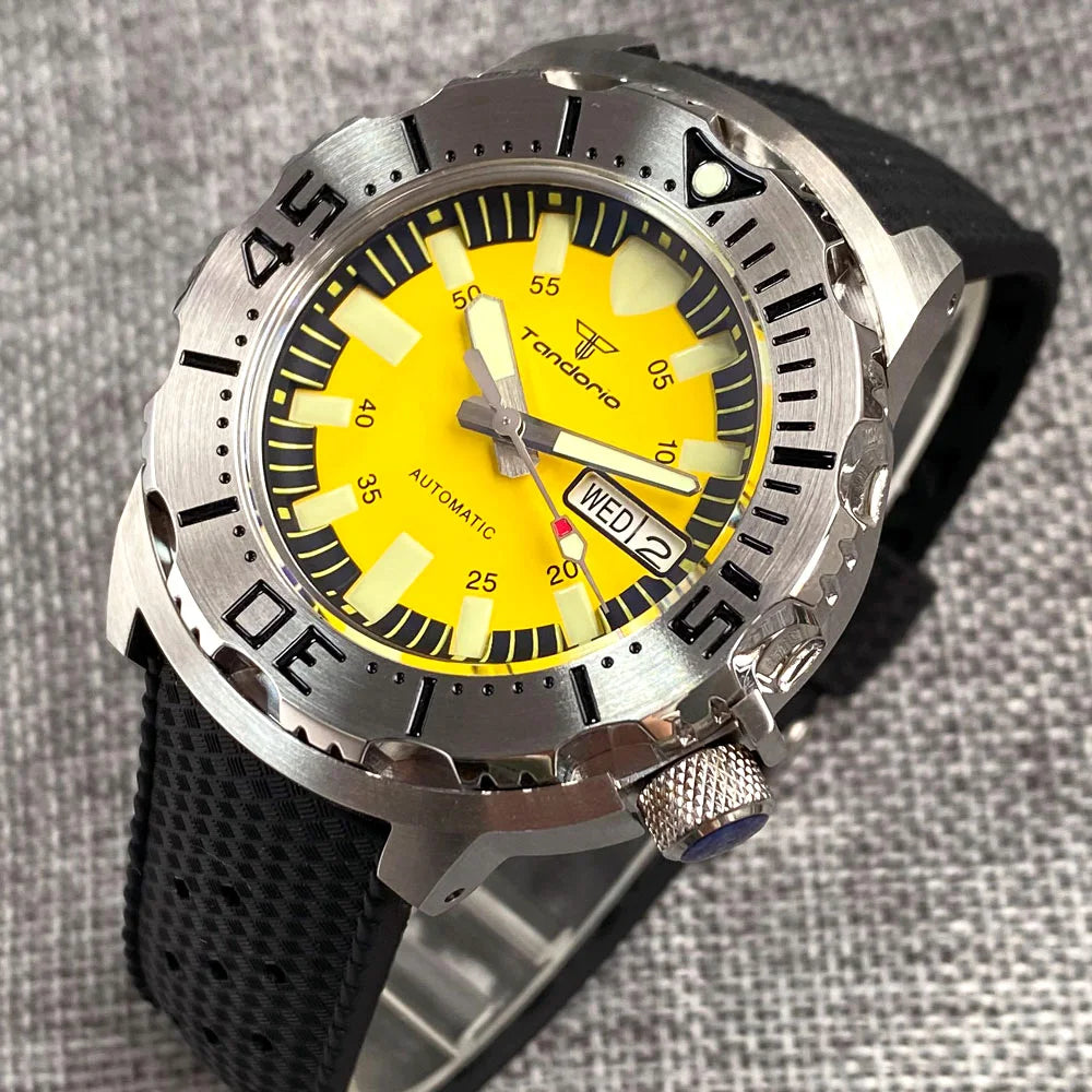 Luminous 42mm 200M Diving AR Sapphire Crystal Monster Orange Dial NH36A Mens Automatic Watch 3.8 o'clock Day Lume Rubber