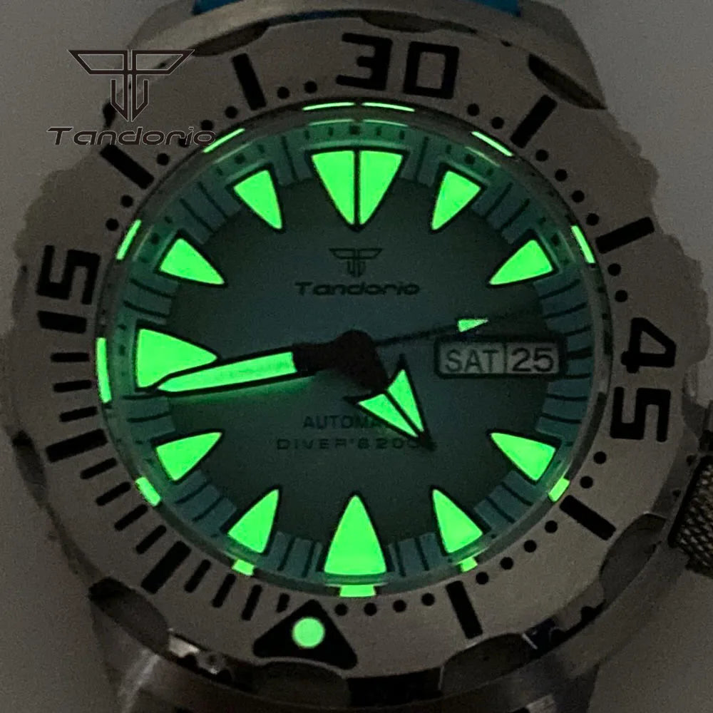 Tandorio Monster NH36A Mechanical Dive Automatic Men's Watch AR Sapphire 42mm 20BAR Steel Wristwatch Double Date Green Luminous