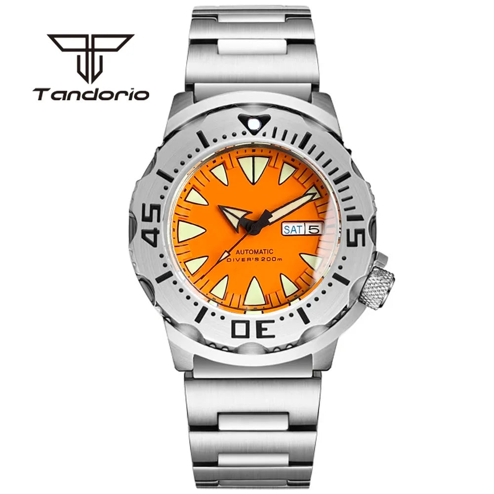 Tandorio Monster NH36A Mechanical Dive Automatic Men's Watch AR Sapphire 42mm 20BAR Steel Wristwatch Double Date Green Luminous