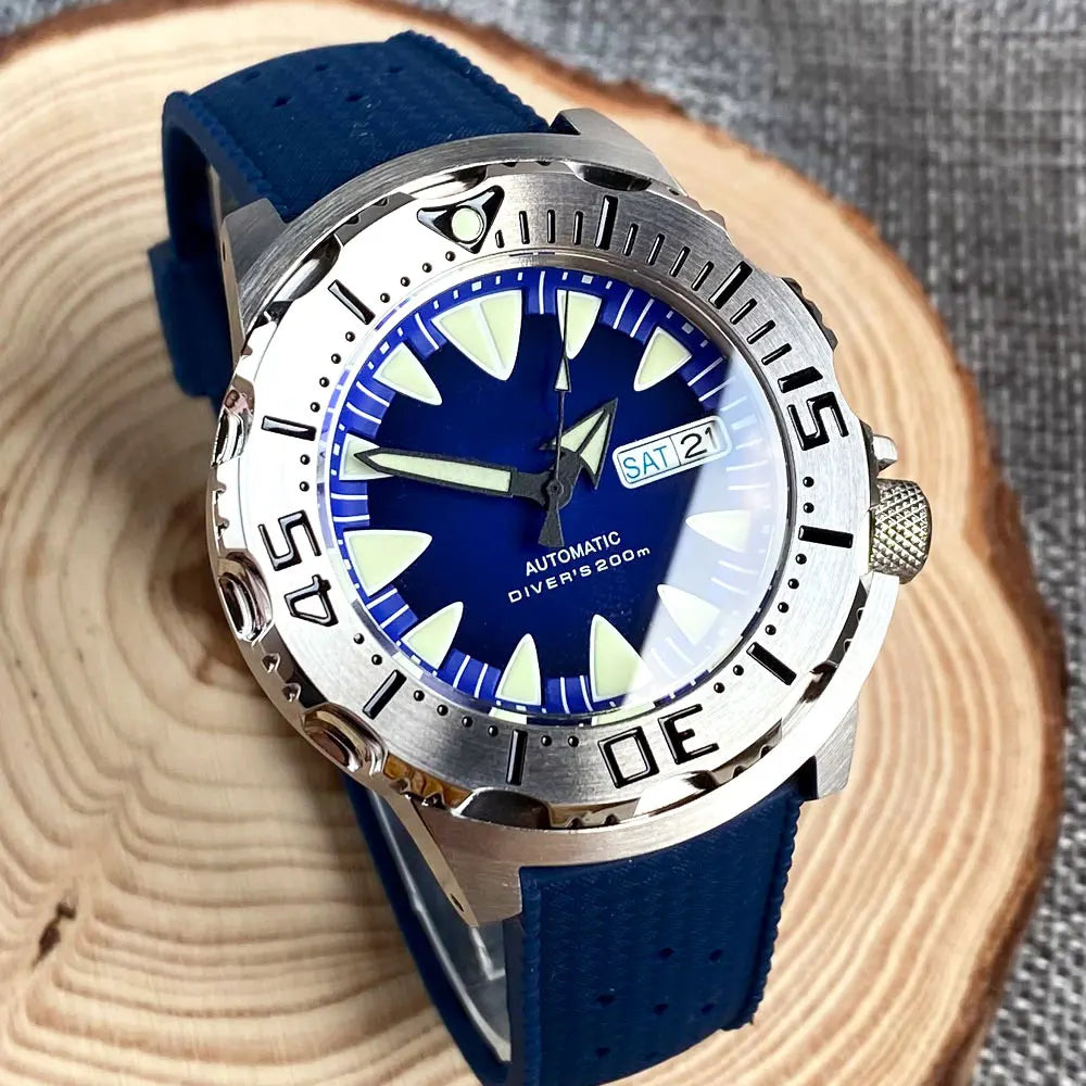 Luminous 42mm 200M Diving AR Sapphire Crystal Monster Orange Dial NH36A Mens Automatic Watch 3.8 o'clock Day Lume Rubber