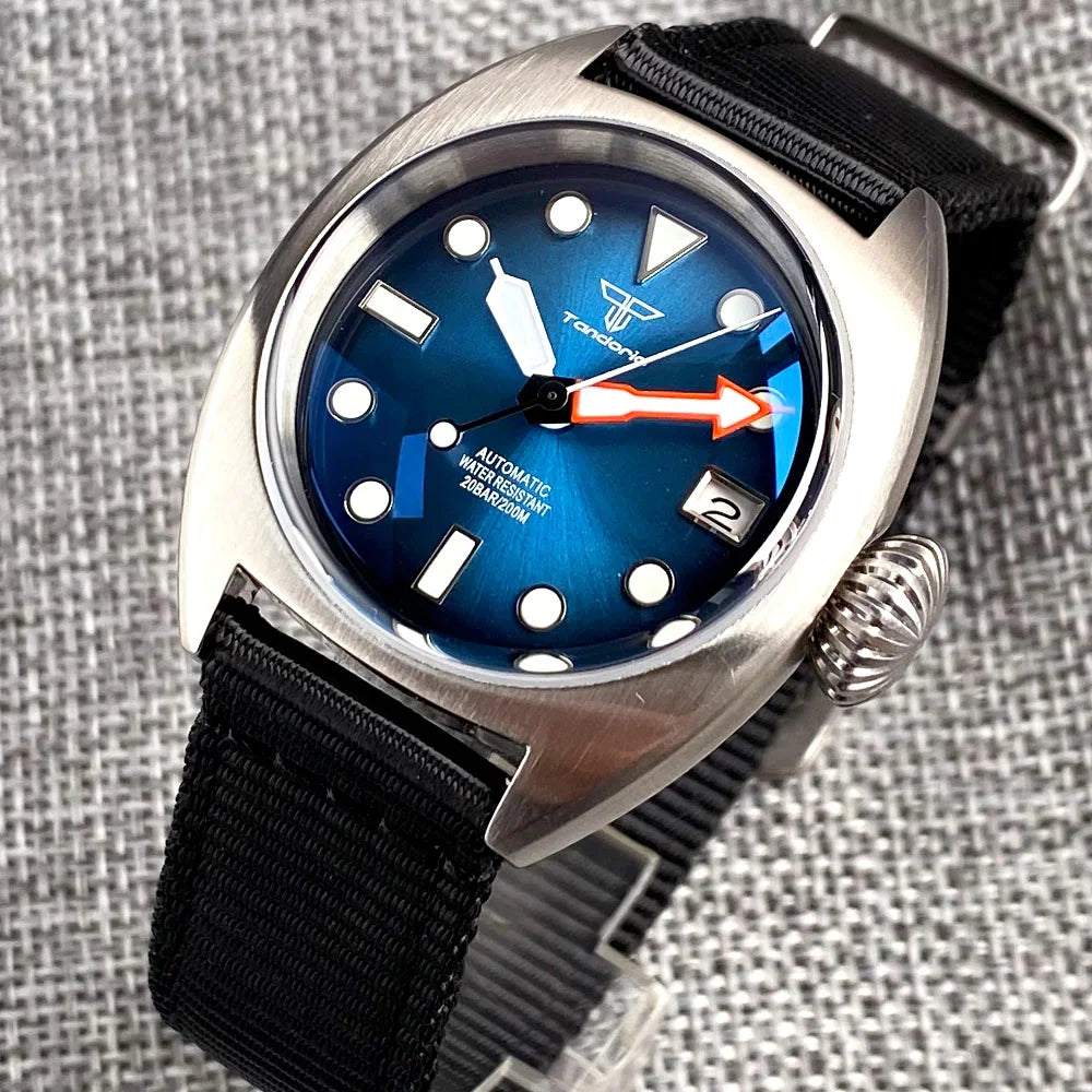36mm Military Diver Mechanical Watch Men NH35 AR Domed Sapphire Sunburst Green/Red/Blue Big Crown Sport Nylon