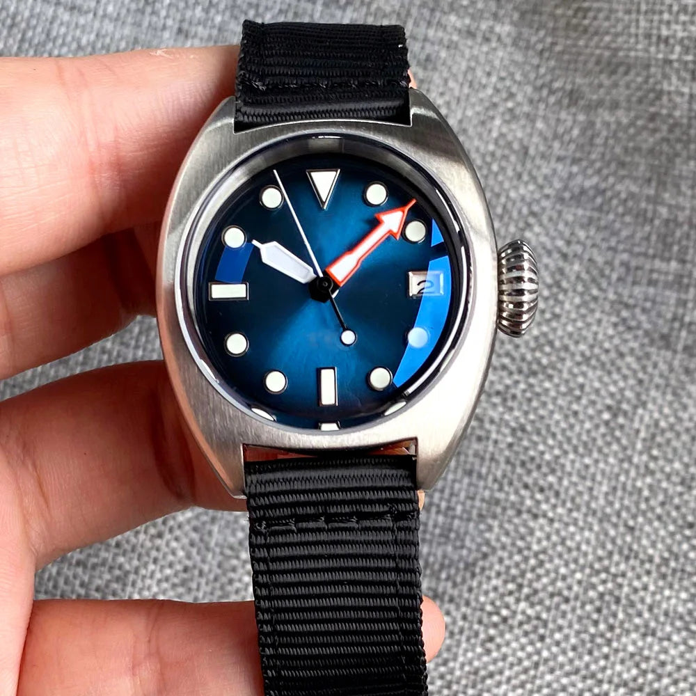 36mm Military Diver Mechanical Watch Men NH35 AR Domed Sapphire Sunburst Green/Red/Blue Big Crown Sport Nylon
