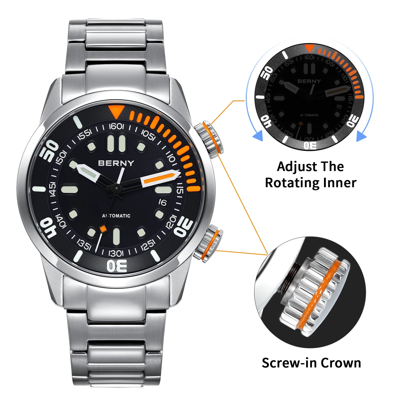 BERNY Automatic Dive Watch for Men Super Luminous Original Design 20ATM Man Wristwatch Sapphire Swim Sport Mechanical Male Watch