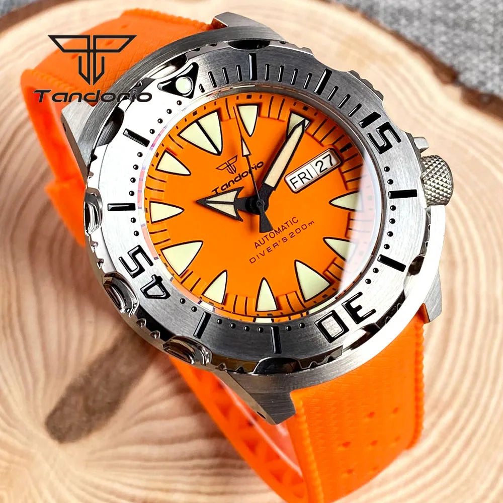 Tandorio Monster NH36A Mechanical Dive Automatic Men's Watch AR Sapphire 42mm 20BAR Steel Wristwatch Double Date Green Luminous