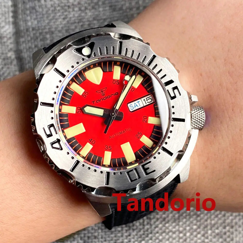 Luminous 42mm 200M Diving AR Sapphire Crystal Monster Orange Dial NH36A Mens Automatic Watch 3.8 o'clock Day Lume Rubber