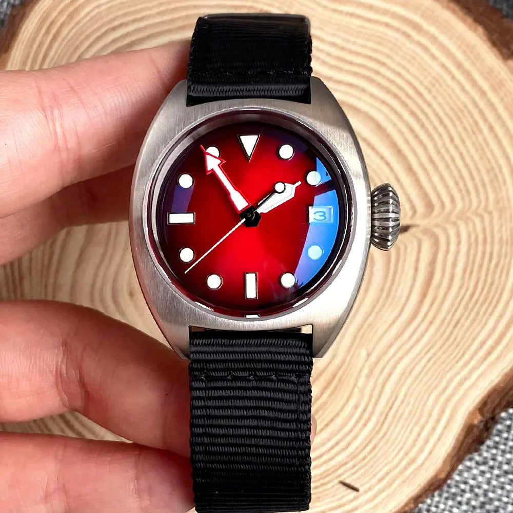 36mm Military Diver Mechanical Watch Men NH35 AR Domed Sapphire Sunburst Green/Red/Blue Big Crown Sport Nylon
