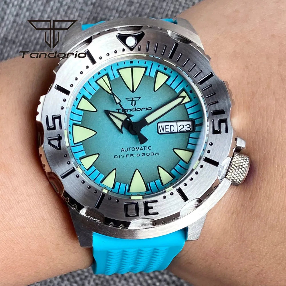 Tandorio Monster NH36A Mechanical Dive Automatic Men's Watch AR Sapphire 42mm 20BAR Steel Wristwatch Double Date Green Luminous
