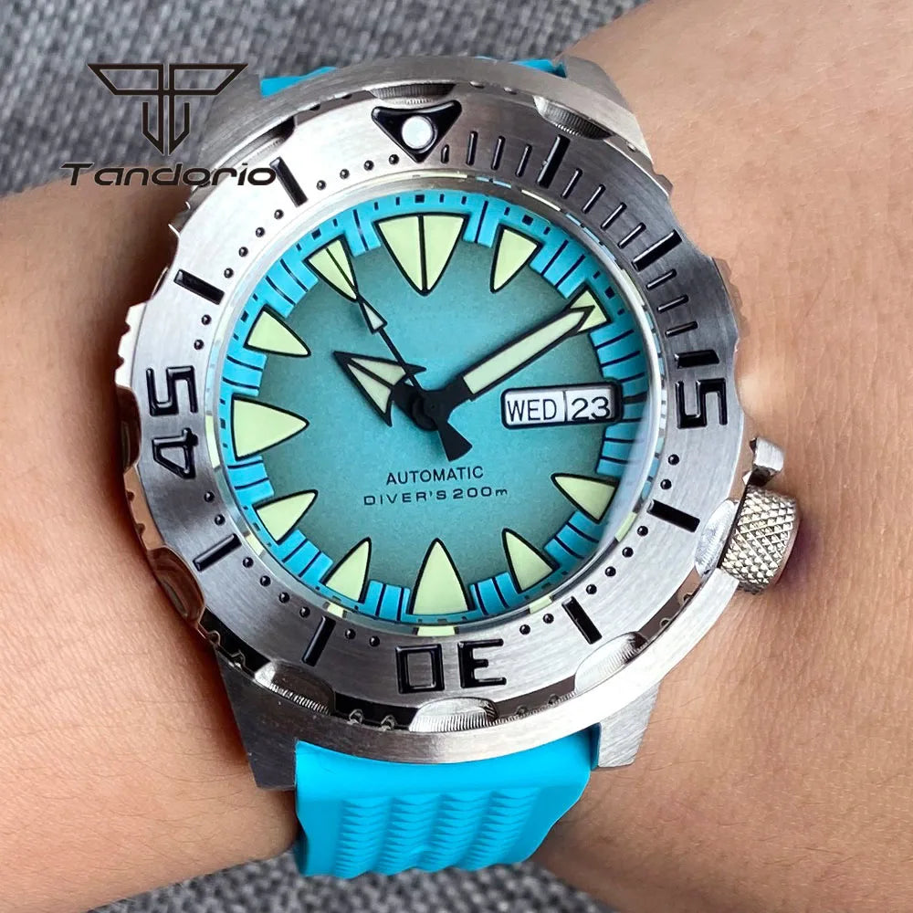 Tandorio Monster NH36A Mechanical Dive Automatic Men's Watch AR Sapphire 42mm 20BAR Steel Wristwatch Double Date Green Luminous