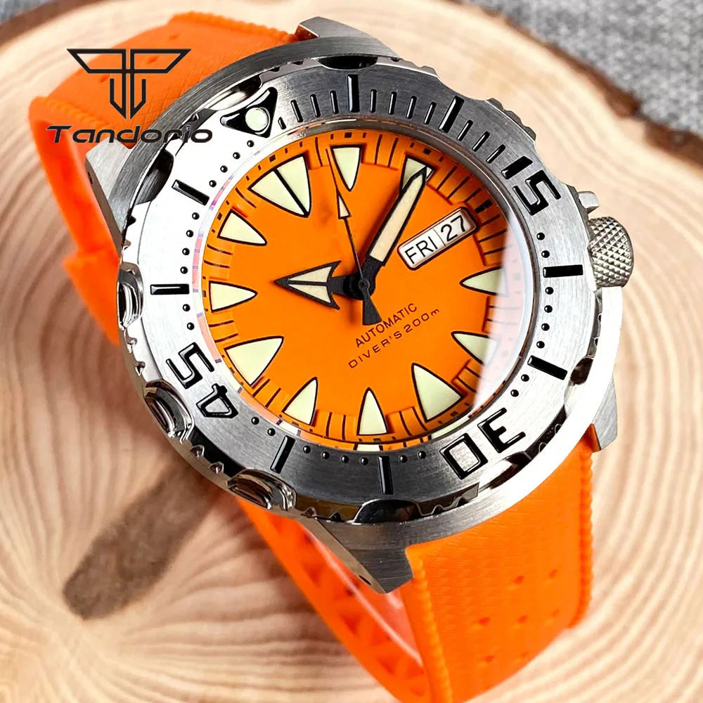 Tandorio Monster NH36A Mechanical Dive Automatic Men's Watch AR Sapphire 42mm 20BAR Steel Wristwatch Double Date Green Luminous