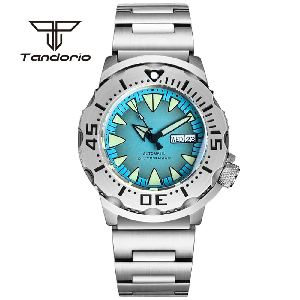 Tandorio Monster NH36A Mechanical Dive Automatic Men's Watch AR Sapphire 42mm 20BAR Steel Wristwatch Double Date Green Luminous