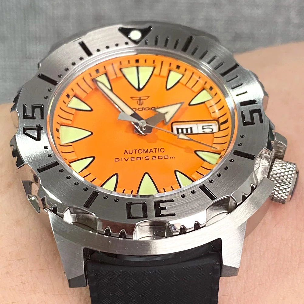 Luminous 42mm 200M Diving AR Sapphire Crystal Monster Orange Dial NH36A Mens Automatic Watch 3.8 o'clock Day Lume Rubber