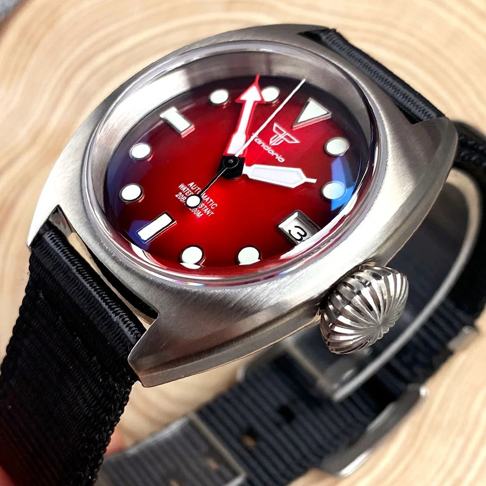 36mm Military Diver Mechanical Watch Men NH35 AR Domed Sapphire Sunburst Green/Red/Blue Big Crown Sport Nylon