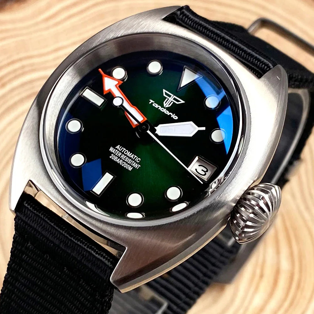 36mm Military Diver Mechanical Watch Men NH35 AR Domed Sapphire Sunburst Green/Red/Blue Big Crown Sport Nylon