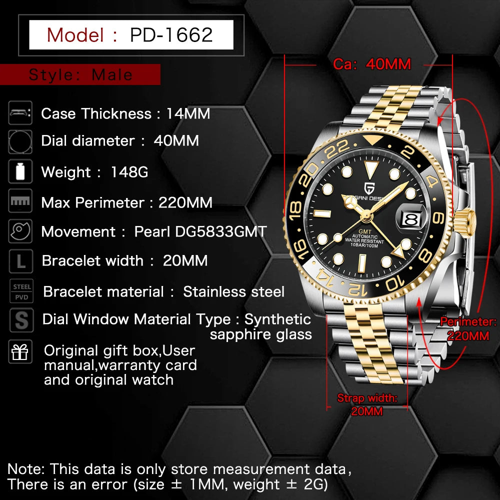 PAGANI DESIGN New PD-1662 Men's Mechanical Watch Top Sapphire Glass GMT Watch 100M Waterproof Men's Automatic Mechanical Watch