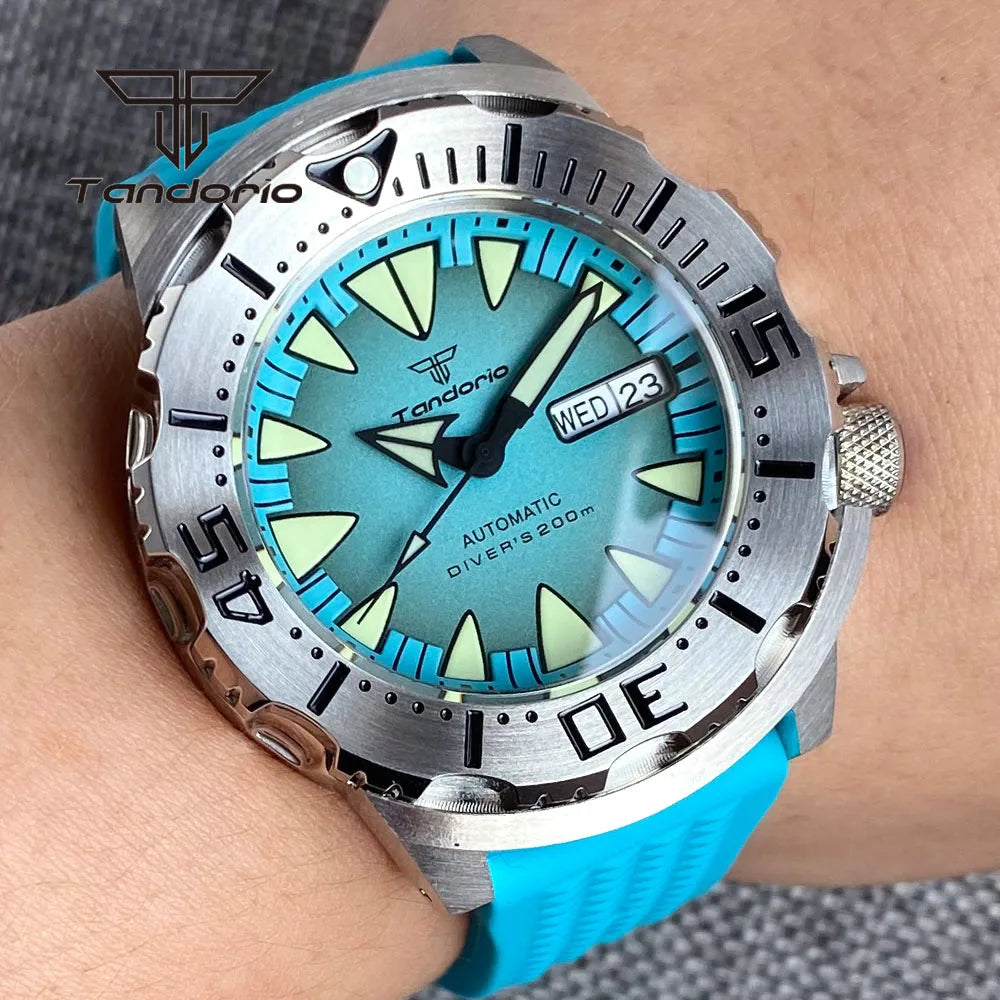 Tandorio Monster NH36A Mechanical Dive Automatic Men's Watch AR Sapphire 42mm 20BAR Steel Wristwatch Double Date Green Luminous