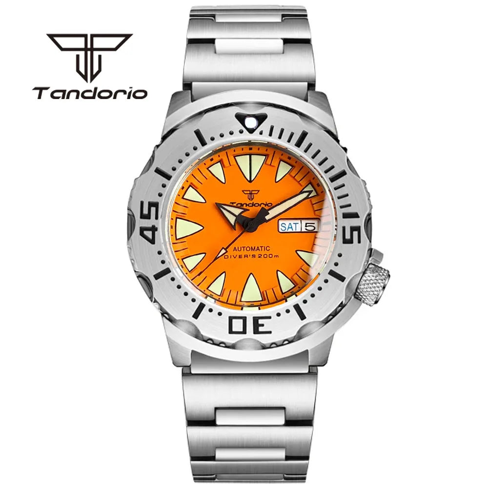 Tandorio Monster NH36A Mechanical Dive Automatic Men's Watch AR Sapphire 42mm 20BAR Steel Wristwatch Double Date Green Luminous
