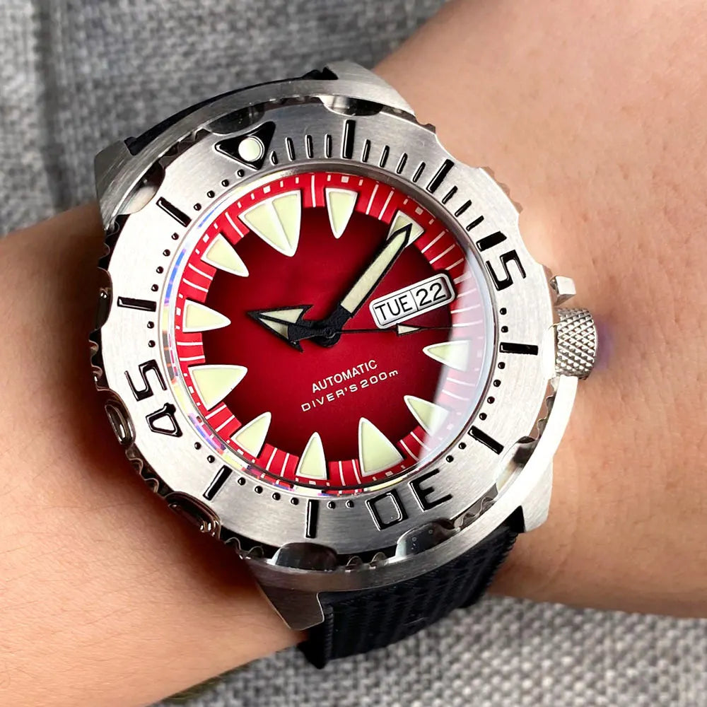 Luminous 42mm 200M Diving AR Sapphire Crystal Monster Orange Dial NH36A Mens Automatic Watch 3.8 o'clock Day Lume Rubber