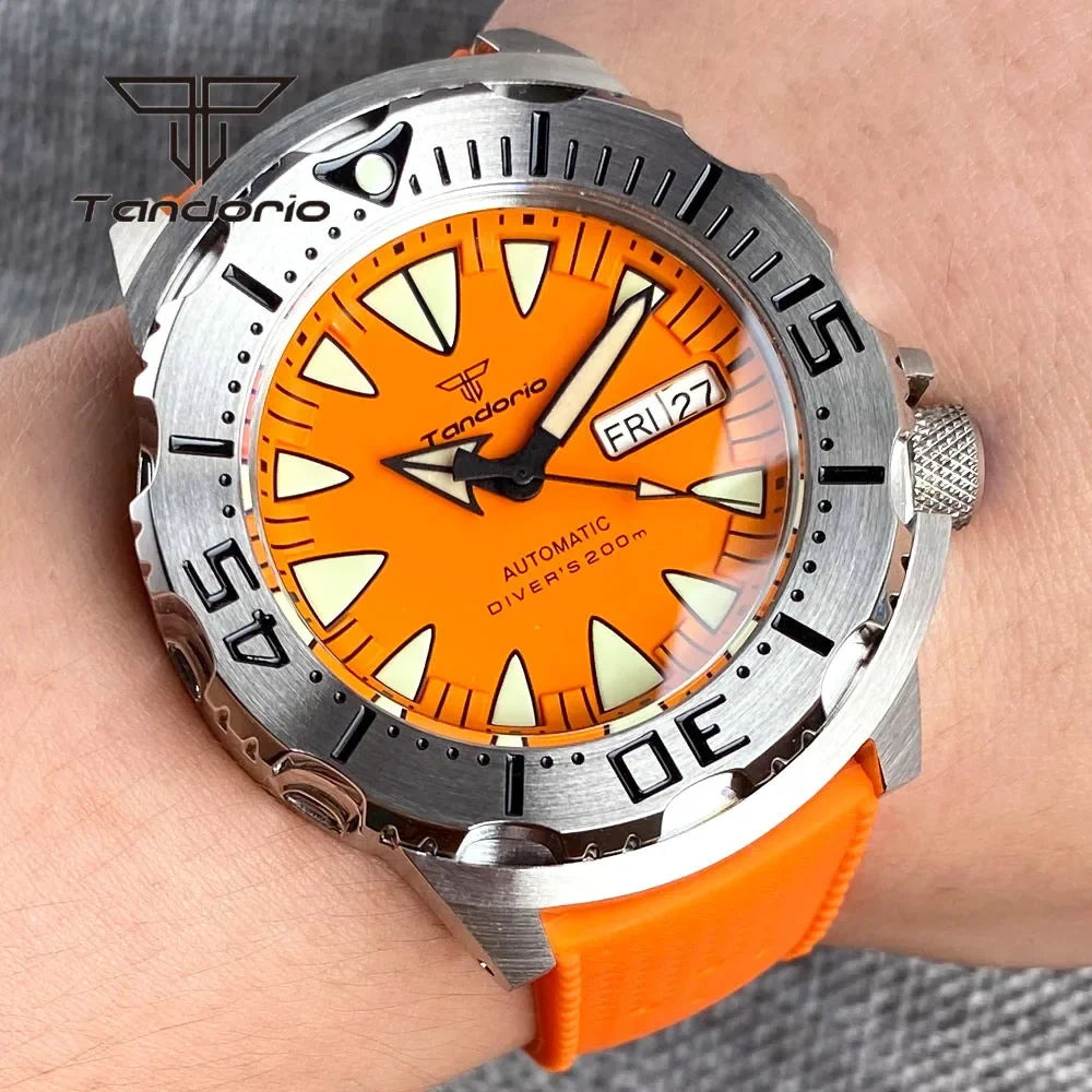 Tandorio Monster NH36A Mechanical Dive Automatic Men's Watch AR Sapphire 42mm 20BAR Steel Wristwatch Double Date Green Luminous