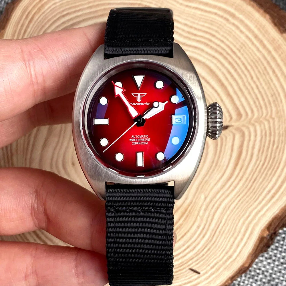 36mm Military Diver Mechanical Watch Men NH35 AR Domed Sapphire Sunburst Green/Red/Blue Big Crown Sport Nylon