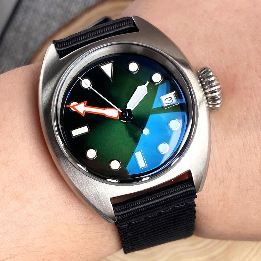 36mm Military Diver Mechanical Watch Men NH35 AR Domed Sapphire Sunburst Green/Red/Blue Big Crown Sport Nylon